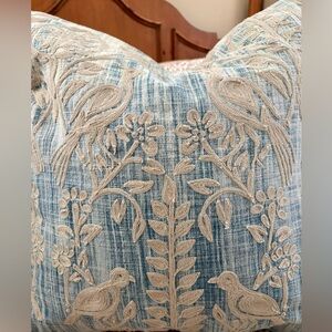 Pottery Barn Gorgeous Robyn Embroidered Pillow Covers denim/tan  set of 2 • 24”